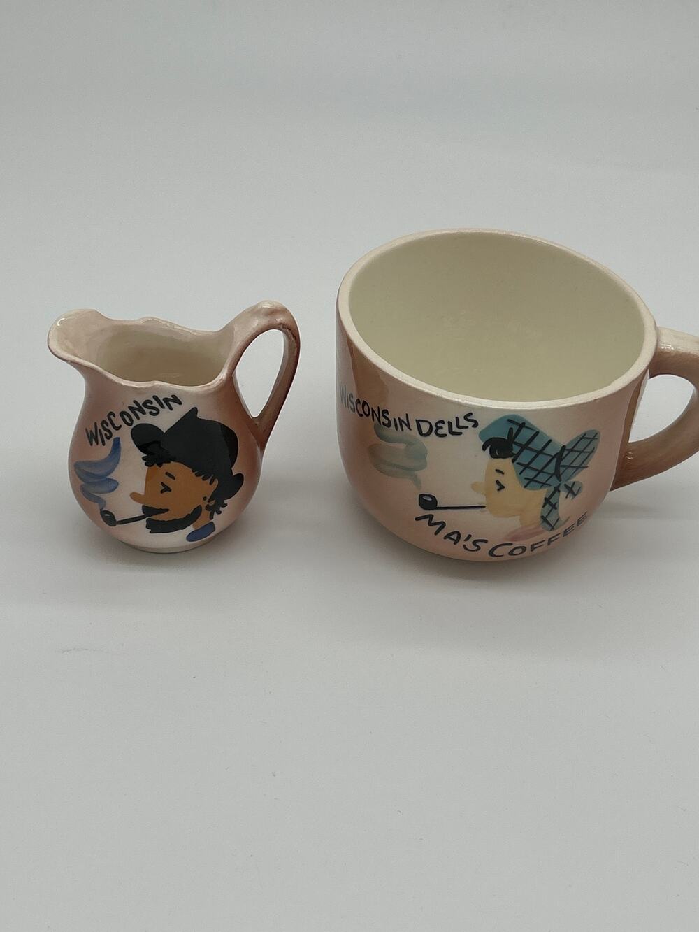 Vintage Wisconsin Dells Souvenir Creamer Mug Set Pink Ma Pa Cabin MCM kitschy